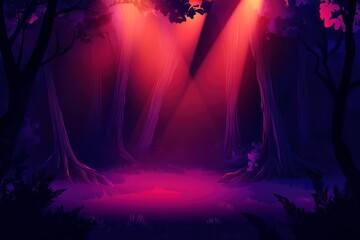 Fototapeta premium The stage is illuminated by red and purple spotlights, creating an atmosphere of mystery. The background features a dark gradient with soft lighting that adds depth to the scene.