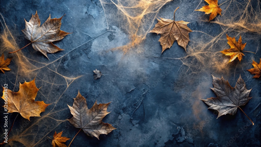 Poster Autumnal Composition Featuring Dried Maple Leaves and Delicate Web-Like Design on Textured Surface