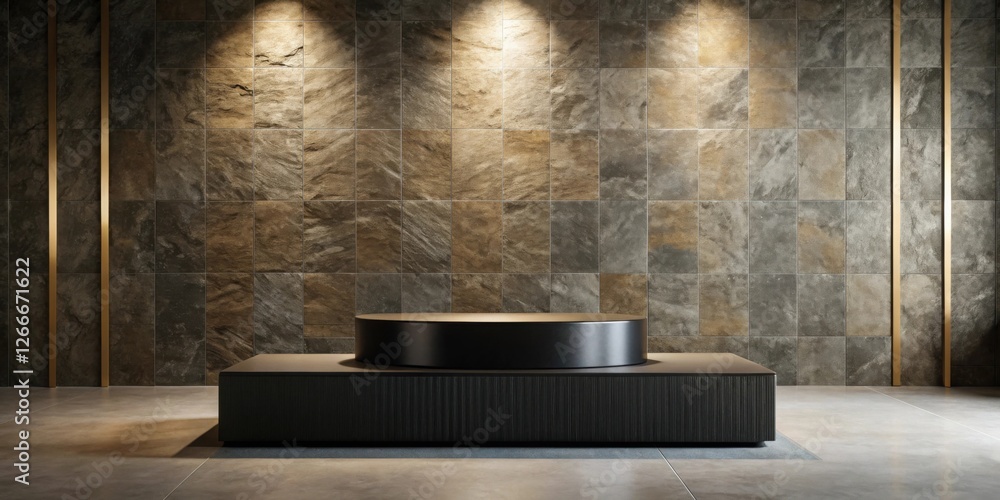 Poster elegant black cylindrical display platform on a sleek, textured base, set against a backdrop of warm