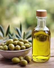 A bottle of olive oil with green olives beside it, set on a wooden table in the natural light of a garden.