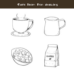カフェのペン画アイテムセット