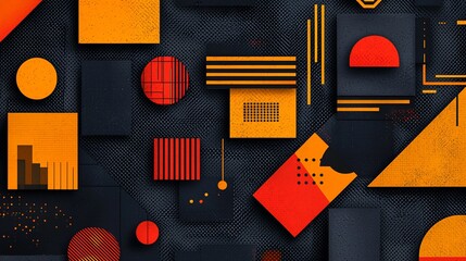 Abstract geometric shapes in orange and dark grey.