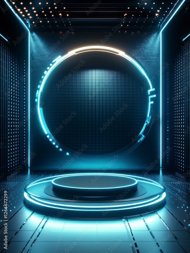 Canvas Prints Futuristic circular stage with glowing lines and LED lights, set against a dark background.