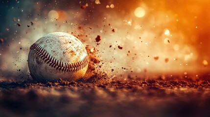 Baseball landing on dirt field with exploding dust cloud at sunset
