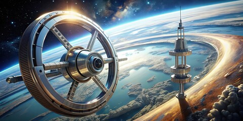 A Futuristic Space Station Orbits a Unique Planetary Structure with Coastal Features