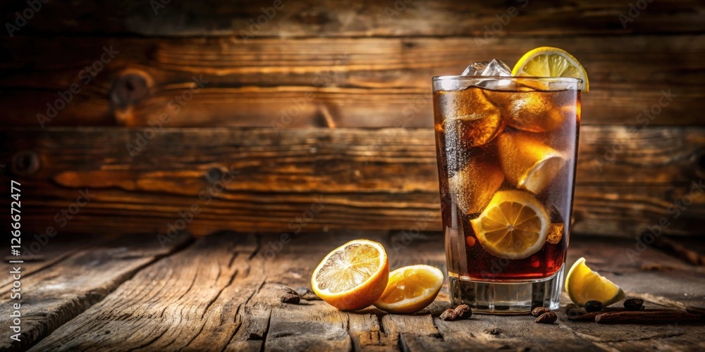 Poster refreshing iced beverage with citrus garnish on rustic wooden surface