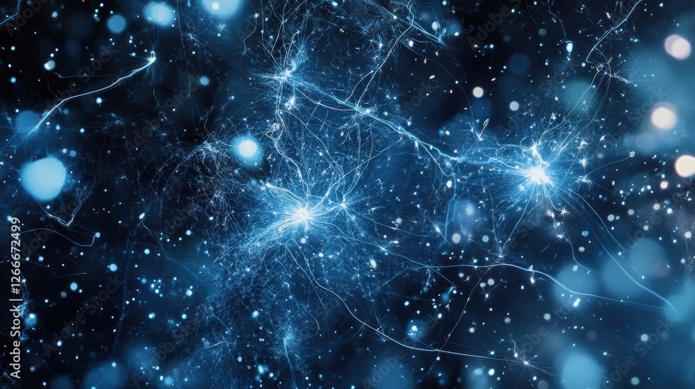 Poster abstract representation of neural connections and synapses illuminated in a dark, starry background
