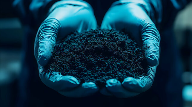Scientist holding dark soil sample in lab