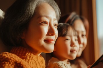 Warm Family-Centric Telemedicine Korean Family Using Tablet for Virtual Health in Cozy, Sunlit Living Room - Modern Healthcare and Digital Wellness Content Creation