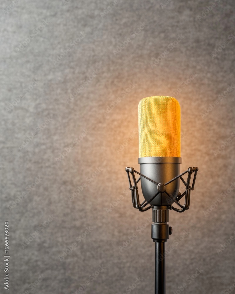 Poster contemporary vocal studio dynamic microphone on textured fabric backdrop - sound recording innovatio