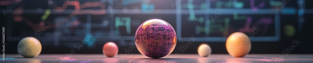 Aufkleber Abstract Geometric Learning Tools Neon Spheres on Chalkboard Canvas for Interactive Academic Visualization in Modern EdTech Environments and Immersive Classroom Design