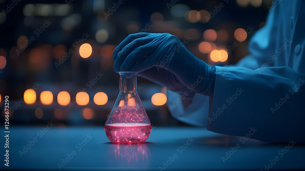 Poster scientist pouring liquid into flask in lab