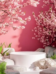 white Empty podium surrounded by rocks and plants, set against an elegant pink wall adorned with blooming cherry blossoms.