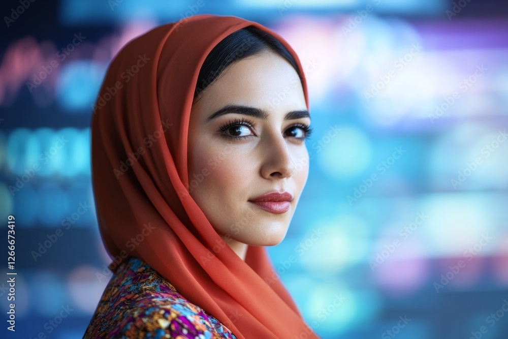 Poster diverse team in modern pharma strategy interactive data charts with hijab-wearing professional - dig