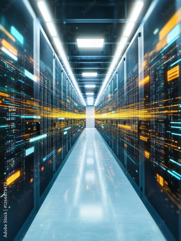 Poster Futuristic Data Center Corridor LED-Enhanced Server Racks and Cable Management - Cutting-Edge Cloud Computing Infrastructure for Business Innovation and Digital Storage Solutions