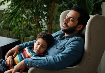 Arab father sleeping in armchair with young son, houseplants surrounding peaceful domestic scene, depicting warm family connection and restful moment at home