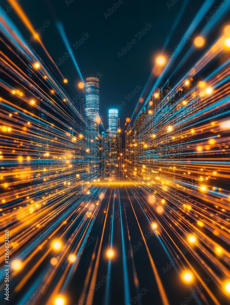 Poster futuristic urban network night cityscape with vibrant light trails and skyscrapers visualizing data 