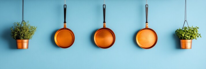 Contemporary Rustic Kitchen Artistry Copper Paella Pans on Blue Wall - Elevate Culinary Spaces with Artistic Decor and Authentic Restaurant Equipment Display