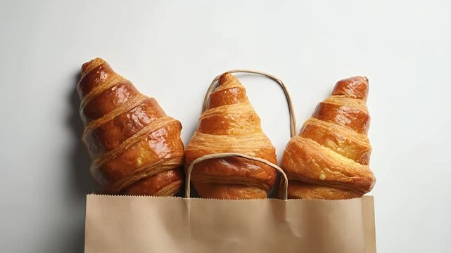 Paper bag with croissants on white background, top view. Space for design