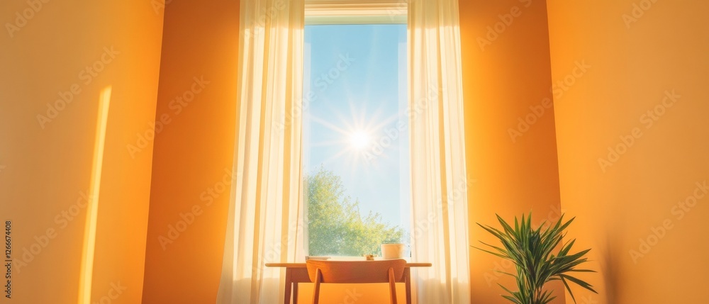 Poster sunlit minimalist office mid-century desk with warm color palette and natural light - optimized for 