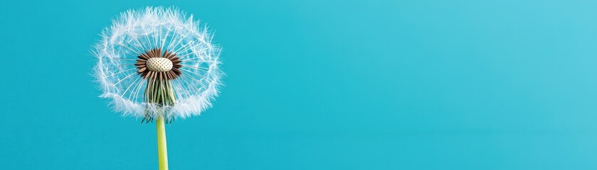 Fototapeta premium Delicate Dandelion Seed Head on Vibrant Blue Background with Soft Light and Clear Details for Nature Photography
