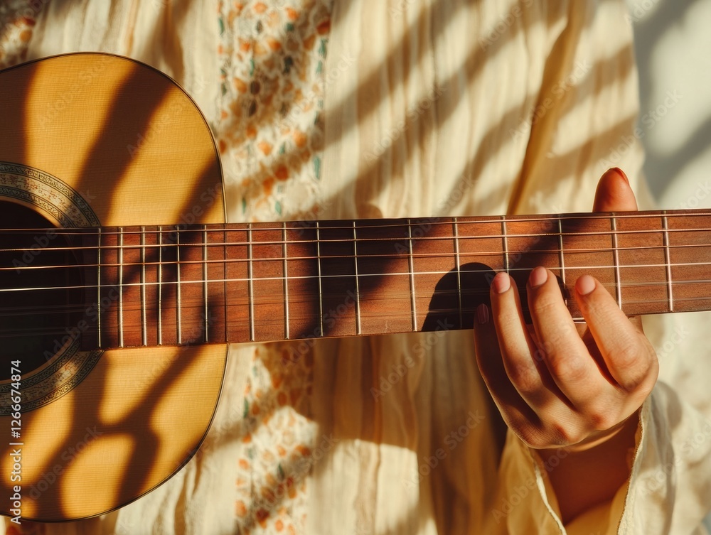 Poster artistic acoustic vibes guitar strings in shadow patterns for emotional expression by a diverse crea
