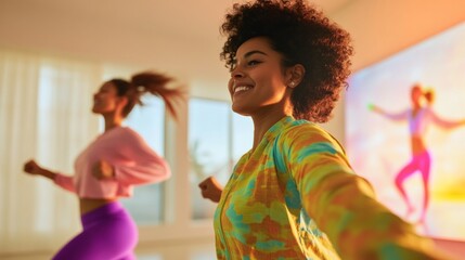 Vibrant Virtual Workout Inclusive Activewear and Smart Tech Integration for Modern Wellness - Indian Women in Dynamic Living Space