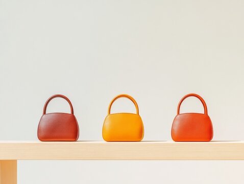 Minimalist Handbag Display Trio of Leather Bags on Light Wood Shelf - Luxury Retail Concept and Modern Fashion Merchandising for Upscale Shopping Experience