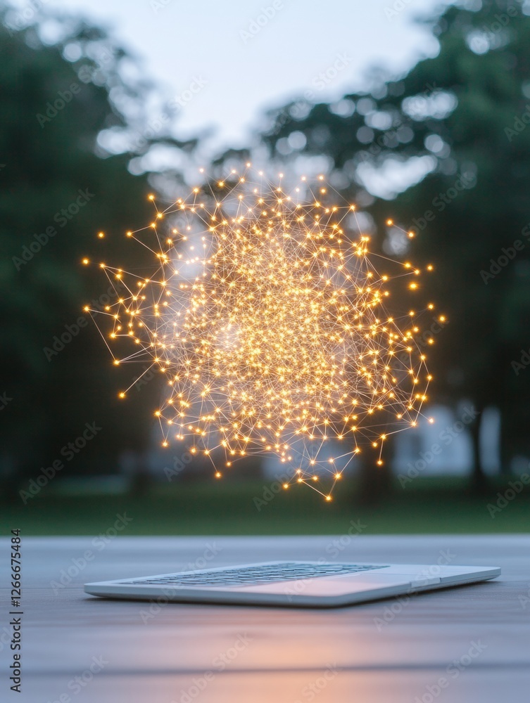 Poster Interactive Augmented Reality Interface with Glowing Network Elements - Digital Innovation in Business Workspaces and High-Tech Data Visualization for Enhanced Productivity