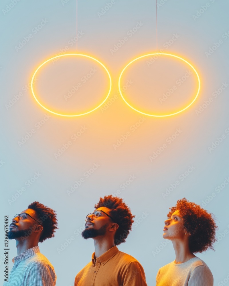 Poster neon collaboration diverse team analysis with futuristic neon circles and contemporary minimalism - 
