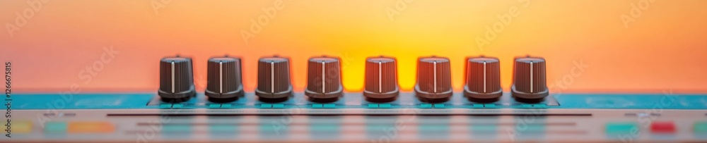 Leinwandbilder Retro-Futuristic Audio Interface Control Vintage Knobs on Gradient Background in Recording Studio - Creative Sound Engineering and Music Production Innovation, Enhancing Acoustic Precision