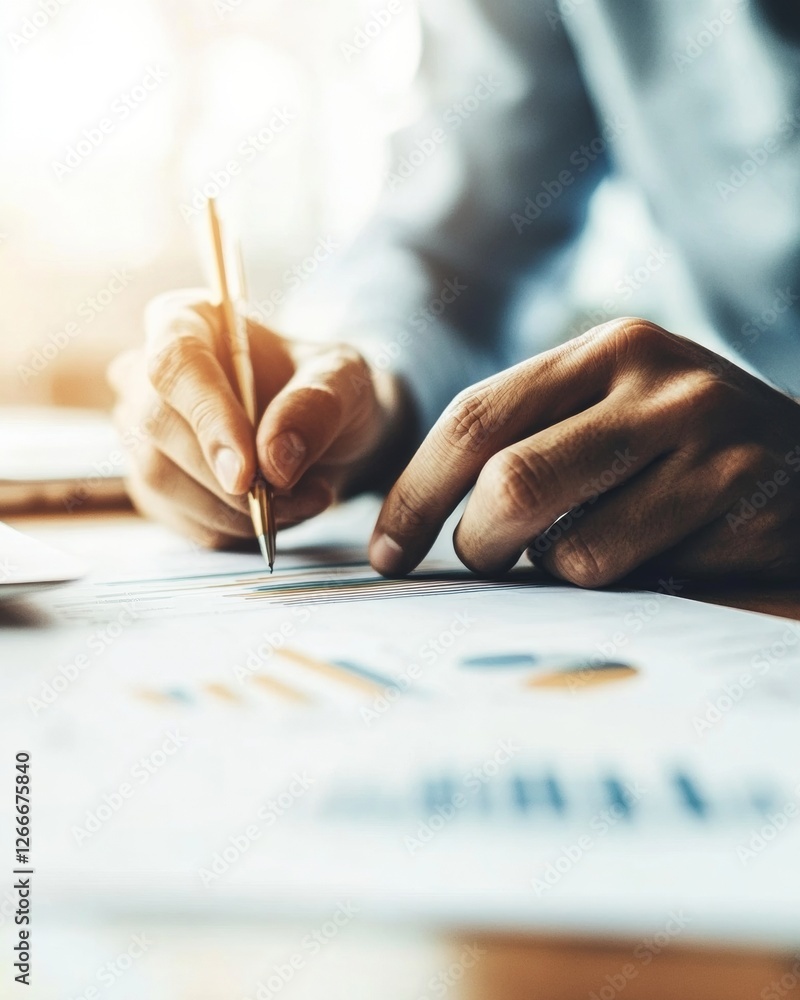 Poster modern workspace collaboration close-up of business handwriting on graph-paper with natural light - 