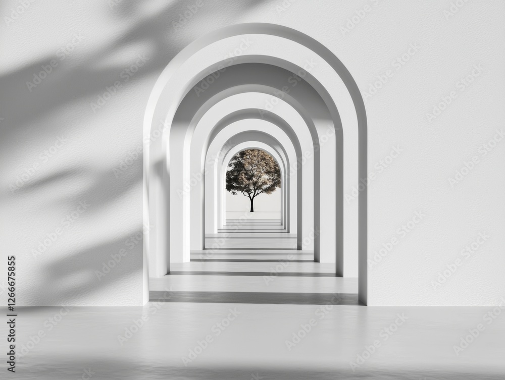 Poster minimalist archway entrance with refined tree display and polished concrete contemporary retail desi