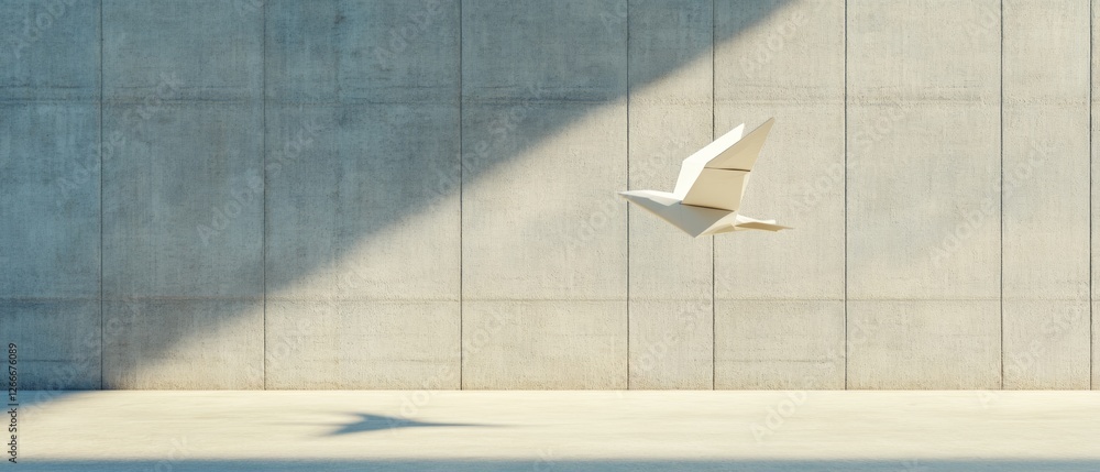 Poster origami paper airplane in minimalist concrete space innovation in design content and business creati