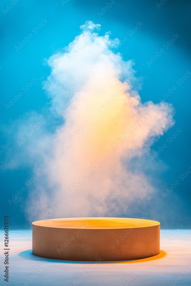 Leinwandbilder dynamic theater stage lighting circular wooden platform with smoke highlights - creative event desig