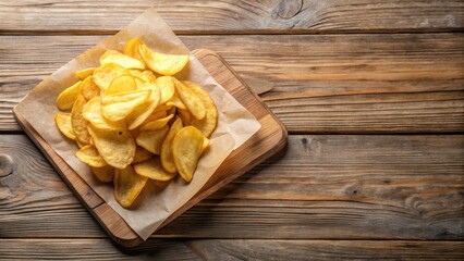 A crispy layer of golden hot chips scattered on a wooden board, partially covered by a paper towel for easy serving, food, golden
