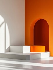 Minimalist stage design with an orange and white podium, simple geometric shapes