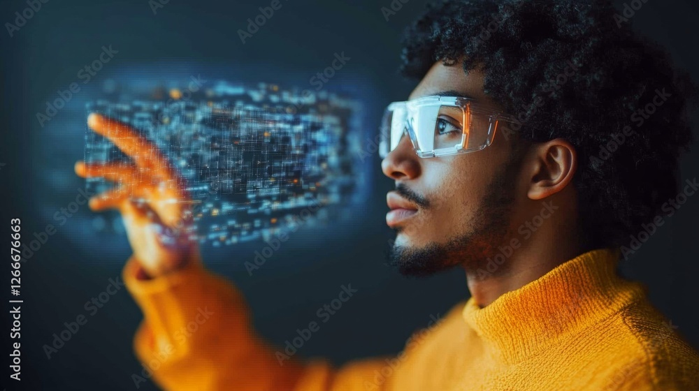 Poster Futuristic Scientific Research Lab Young Professional Engaging with Holographic Data on Transparent Display for Modern Tech and Innovation in STEM Industries