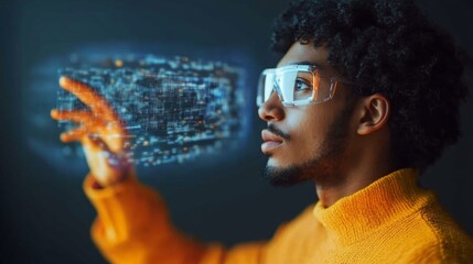 Futuristic Scientific Research Lab Young Professional Engaging with Holographic Data on Transparent Display for Modern Tech and Innovation in STEM Industries