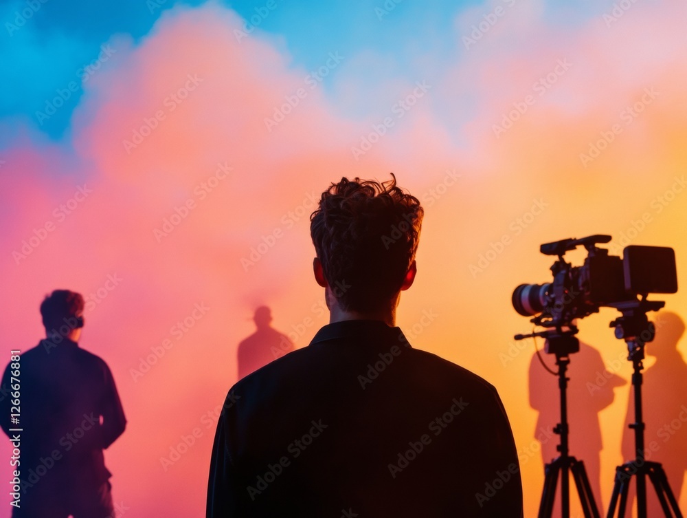 Poster vibrant media landscape video journalists with professional cameras in colorful smoke scene cutting-