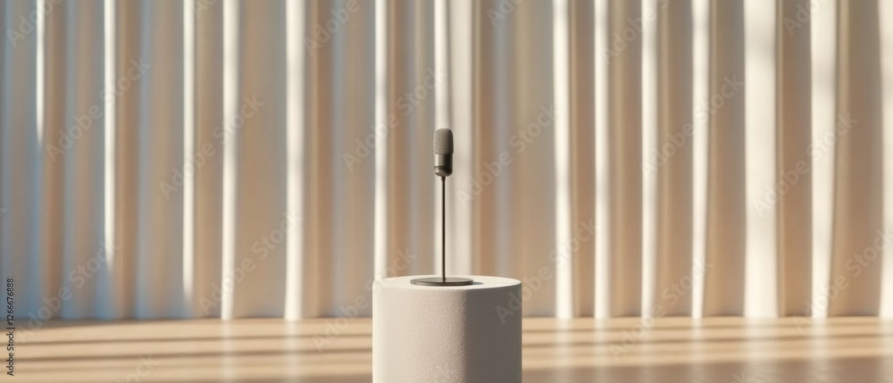 Poster minimalist public address sleek microphone on textured podium in neutral tones - contemporary media 
