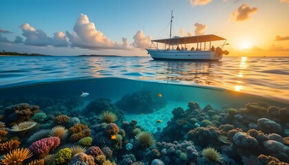 Obraz premium A tropical beach with a glass-bottom boat, floating over a colorful coral reef teeming with marine life, The water is so clear that every detail of the reef is visible from the swaying sea anemones.