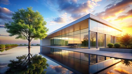 Fototapeta premium Modern architectural design showcasing a tranquil outdoor setting with a reflecting pool and lush greenery at sunset