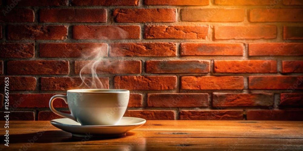 Poster a steaming cup of hot beverage rests on a rustic wooden surface, set against a backdrop of a texture