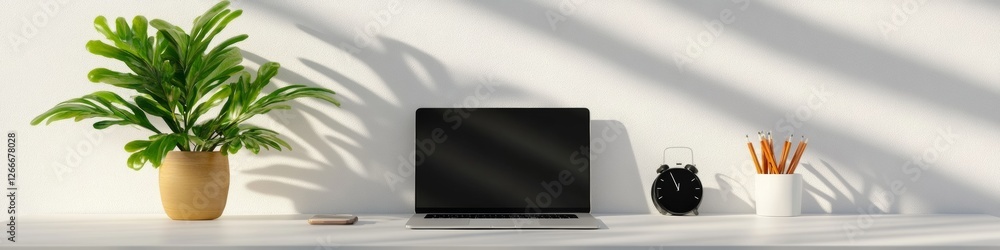 Poster minimalist home office setup wireless tech and natural elements on white desk - modern workspace des