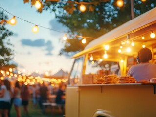 Obraz premium Rustic Festival Atmosphere Vibrant Food Truck Scene with Warm String Lights - Community Engagement and Cultural Experience in Modern Outdoor Events