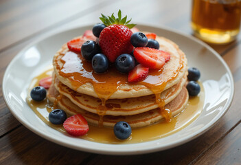 stack of pancakes with syrup and berries