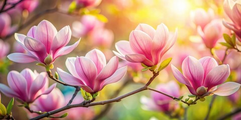 Obraz premium Close-up of delicate pink magnolia flowers blooming in vibrant spring colors