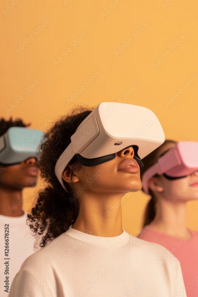 Poster tech-infused health seminar diverse group in soft-fabric vr headsets - revolutionizing well-being an