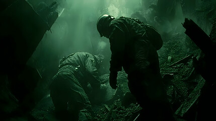 Soldiers searching rubble disaster site